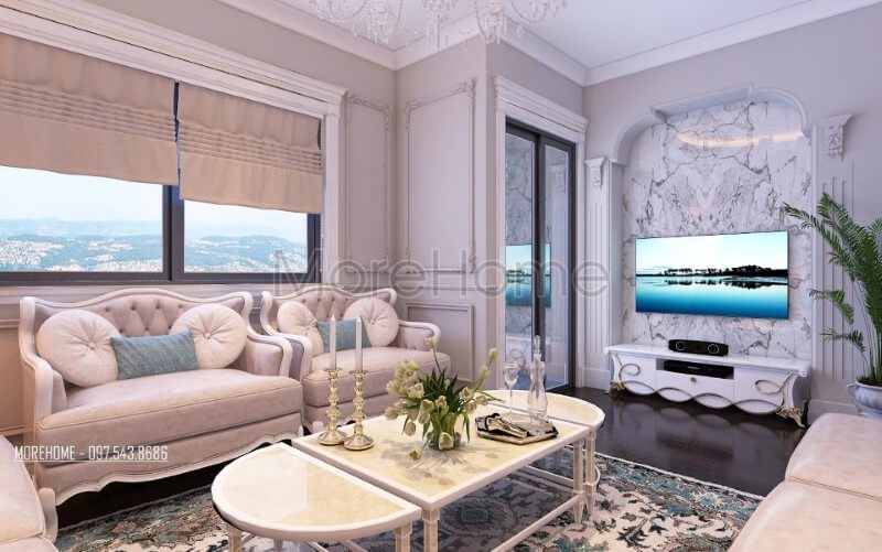 Mẫu sofa phòng khách gỗ tự nhiên với tone màu trắng chủ đạo mang đến một không gian tiếp khách sang trọng và tinh tế.