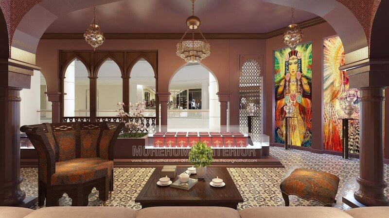 Mẫu thiết kế nội thất showroom độc đáo với sự kết hợp của bộ sofa tân cổ điển họa tiết ấn tượng làm nổi bật không gian căn phòng