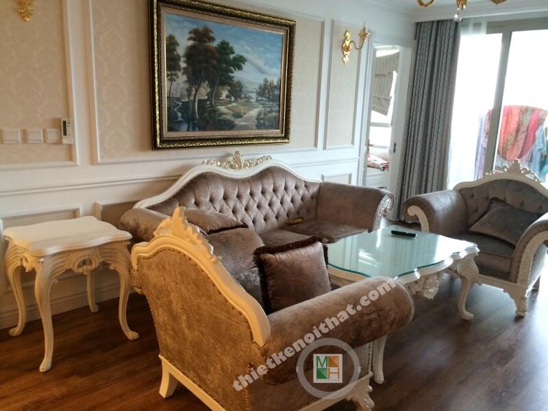 Thi công sofa tân cổ điển bọc nỉ nhung sang trọng cho chung cư Mandarin Garden Hòa Phát