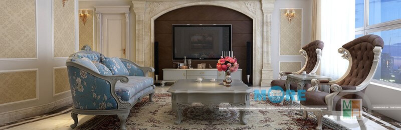 Sofa tân cổ điển MS-031 gỗ tự nhiên, bọc nỉ cao cấp phong cách hoàng gia, tinh tế cho phòng khách chung cư, biệt thự đẹp