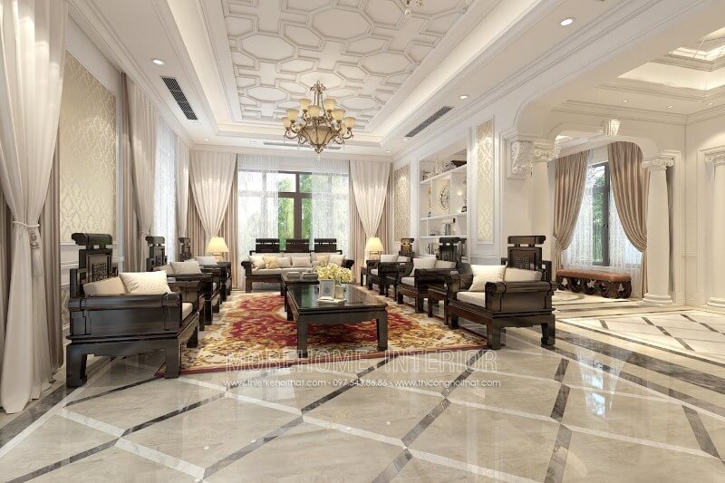 Mẫu Sofa tân cổ điển đồng kỵ gỗ tự nhiên sơn đen nổi bật kết hợp đệm ngồi bọc da màu trắng - một nét đẹp cổ xưa, quý tộc